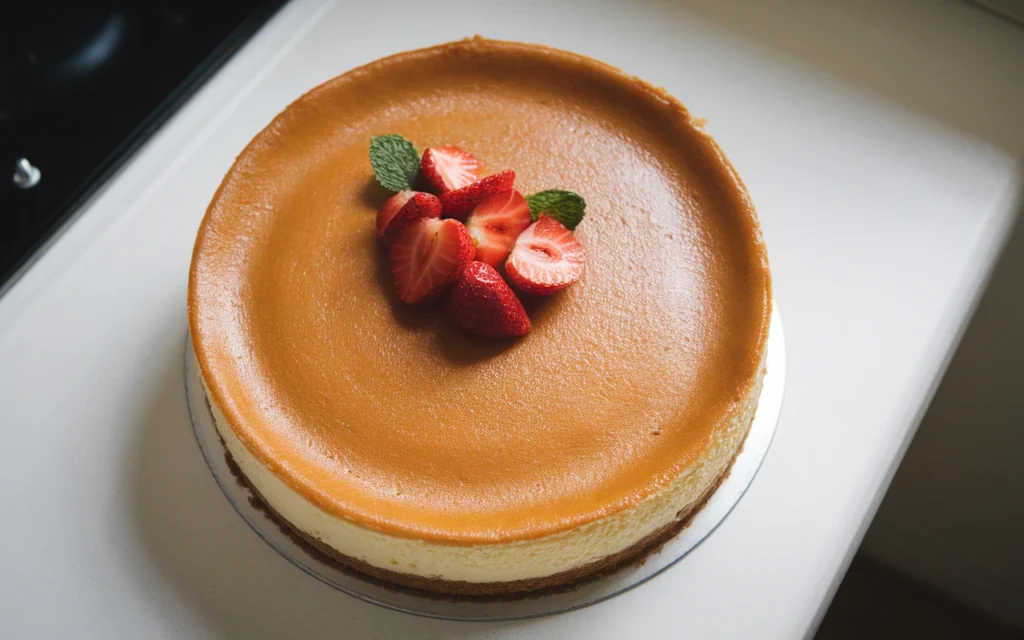 A New York-style cheesecake with a dense, creamy texture and a slightly browned glossy top, served on a white plate with thin strawberry slices and a mint leaf garnish