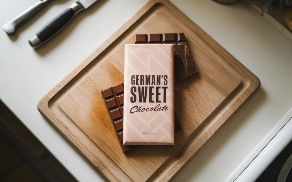 A bar of German's Sweet Chocolate on a wooden cutting board in a bright kitchen,
