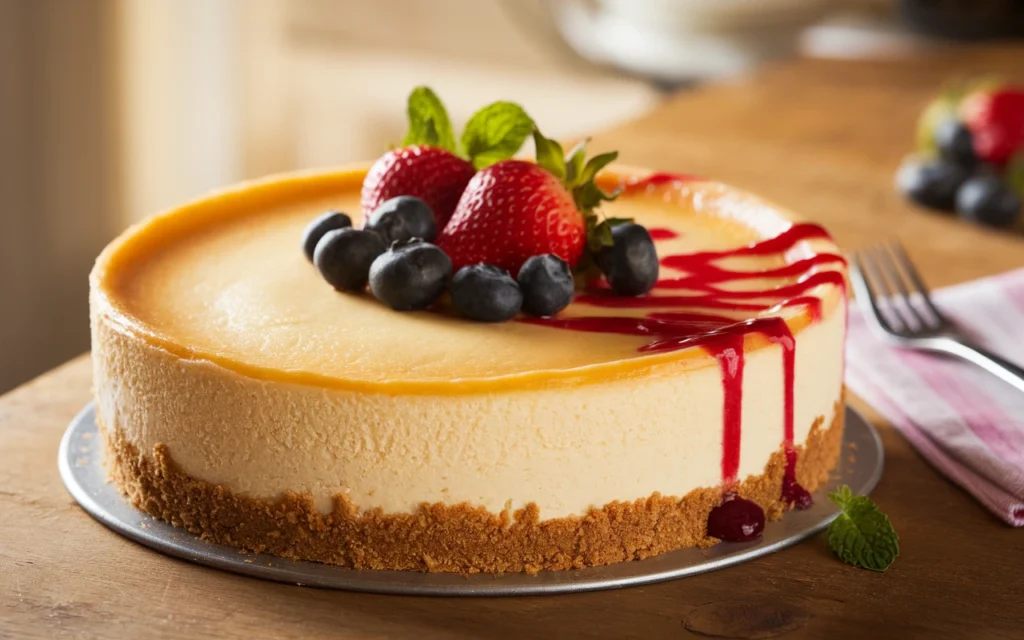 A classic baked cheesecake with a golden-brown top, slight crack, and crumbly graham cracker crust, garnished with strawberries and blueberries