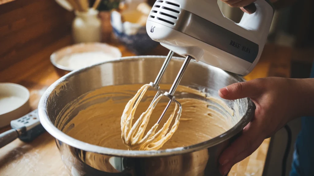 A hands-on shot of Valena mixing the batter in a large bowl with a hand mixer