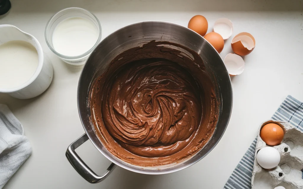 A mixing bowl filled with chocolate cake batter, surrounded by ingredients like buttermilk and eggs
