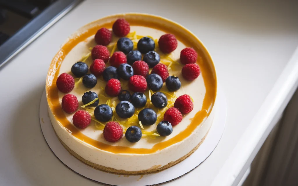 A no-bake cheesecake with a mousse-like filling and a glossy fruit topping of raspberries and blueberries.