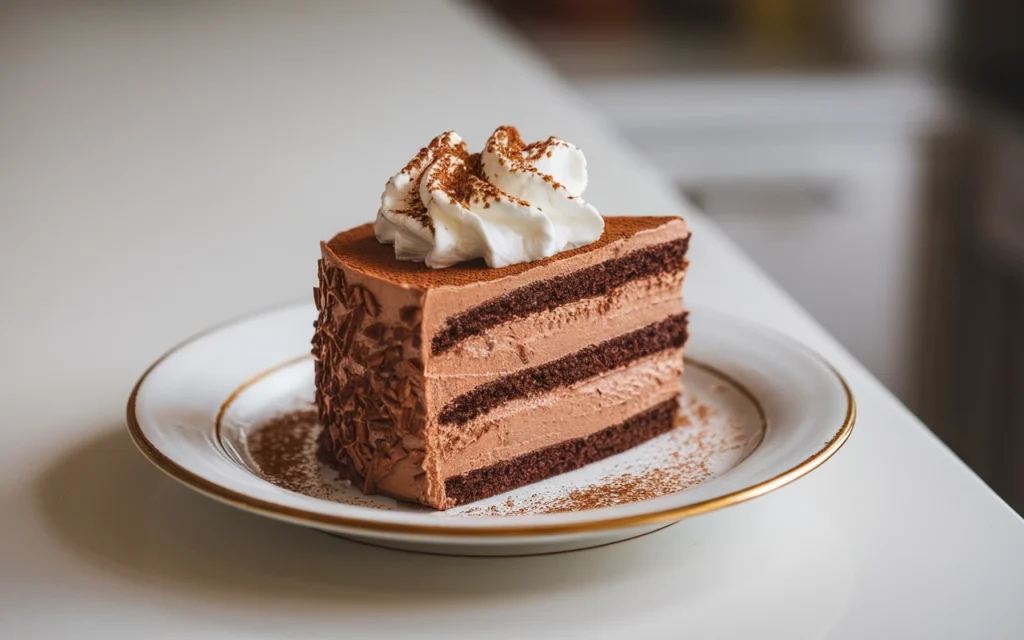 A single slice of German chocolate cake on a white plate, topped with a dollop of whipped cream,
