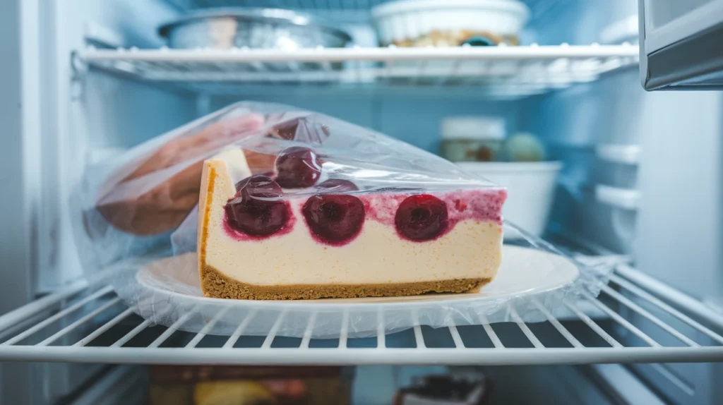 A slice of cheesecake wrapped tightly with plastic wrap for storage in the fridge to maintain freshness.
