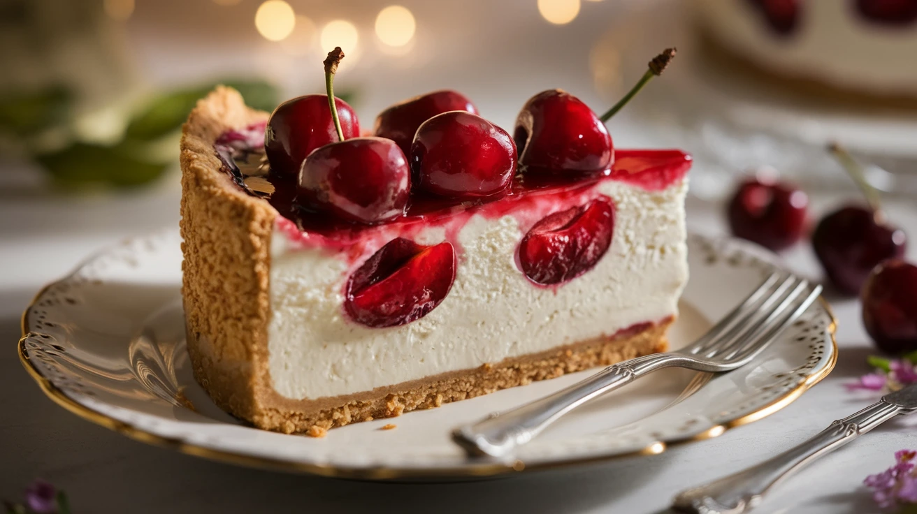 A slice of cherry cheesecake with a glossy cherry topping on a white plate.