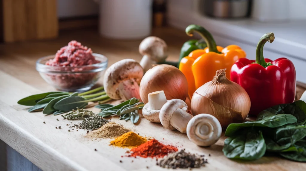 A small bowl of ground sausage with high-quality ingredients arranged neatly