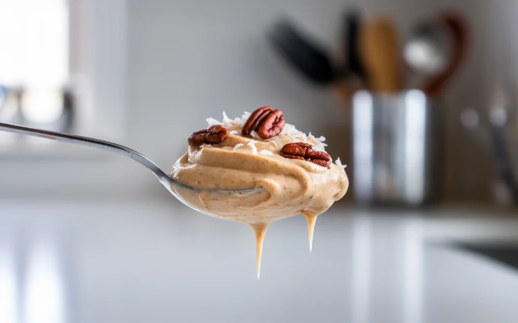 A spoonful of creamy coconut-pecan frosting with visible shreds of coconut and pieces of pecans, resting on a clean white surface
