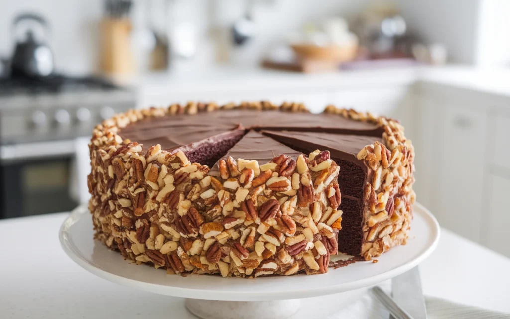 A whole German chocolate cake with rich coconut-pecan frosting cascading down the sides