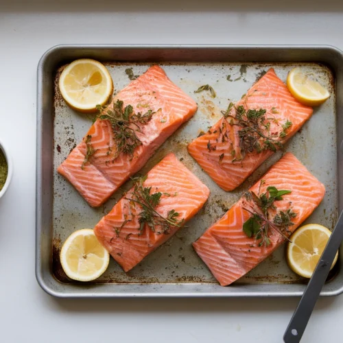 Four baked steelhead trout fillets on a baking tray, garnished with fresh herbs and lemon slices, with a metal spatula and a small bowl of green pesto on a white kitchen counter.