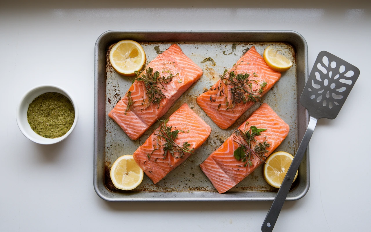 Four baked steelhead trout fillets on a baking tray, garnished with fresh herbs and lemon slices, with a metal spatula and a small bowl of green pesto on a white kitchen counter.