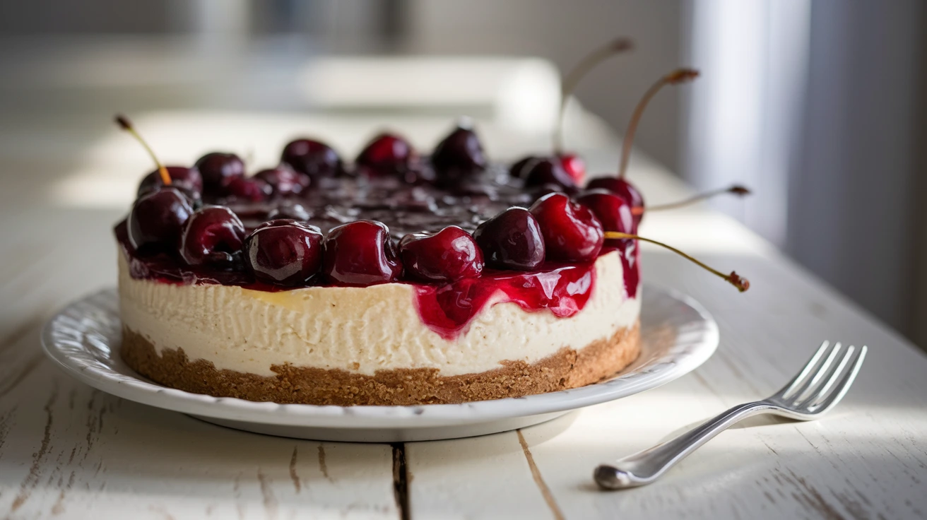 Delicious homemade cherry cheesecake with a glossy cherry topping on a white plate, showcasing the rich, creamy filling and golden graham cracker crust