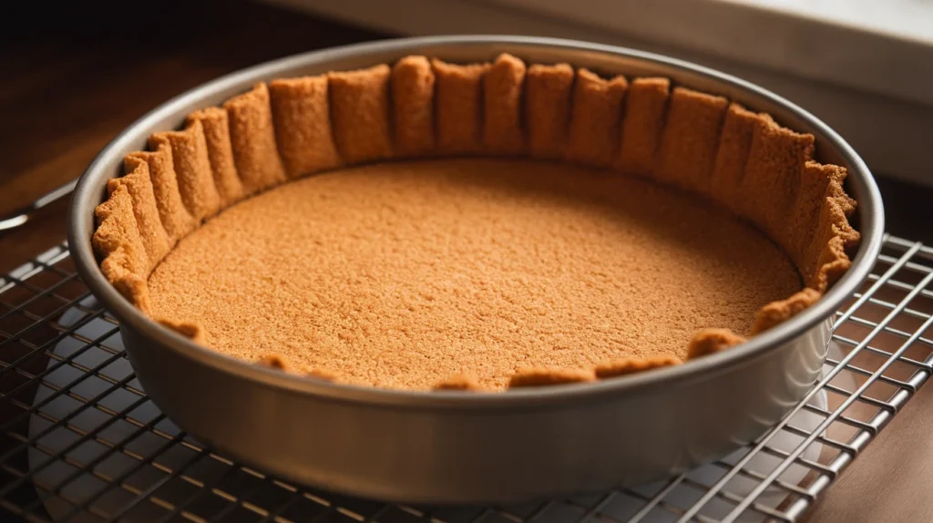 A graham cracker crust cooling in the oven, with the edges set and the center still slightly jiggly, preventing cracks.