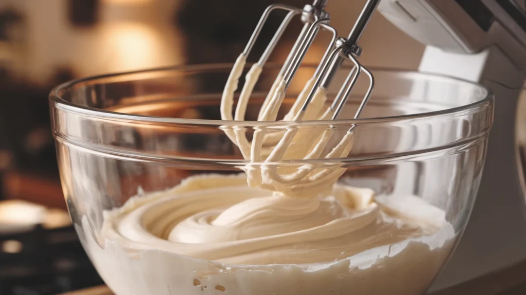 Mixing cream cheese and sugar to create the smooth and creamy filling.