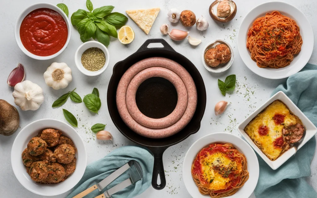 Overhead shot of Italian ground sausage and various dishes, including pasta, stuffed mushrooms, and casserole, surrounded by fresh ingredients