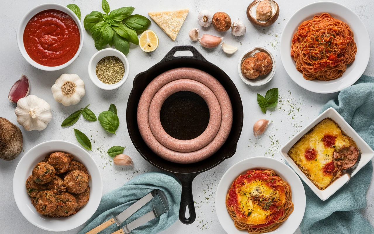 Overhead shot of Italian ground sausage and various dishes, including pasta, stuffed mushrooms, and casserole, surrounded by fresh ingredients