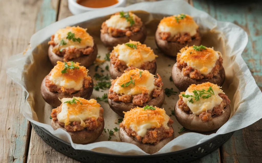 Sausage-stuffed mushrooms topped with melted Parmesan and parsley on a serving tray
