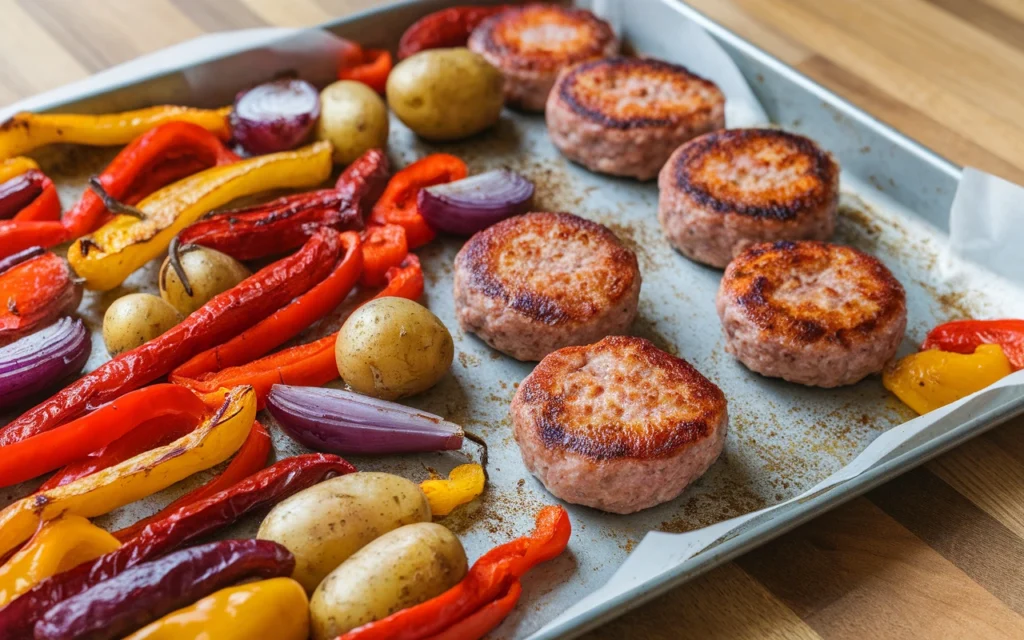 Sheet pan dinner featuring sausage patties, roasted vegetables, and baby potatoes seasoned with Italian herbs
