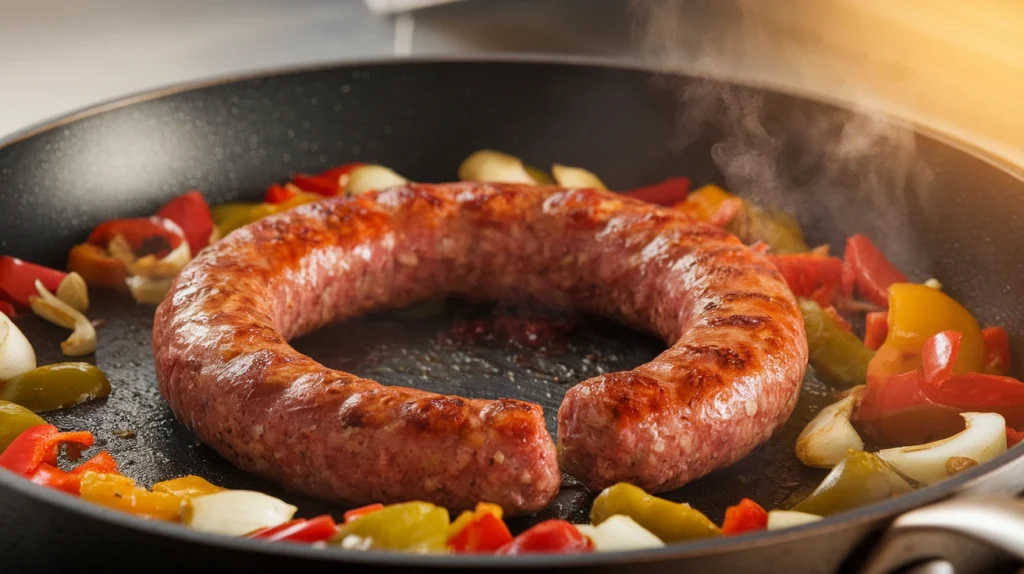 Sizzling ground sausage being browned, surrounded by diced bell peppers, onions, and garlic