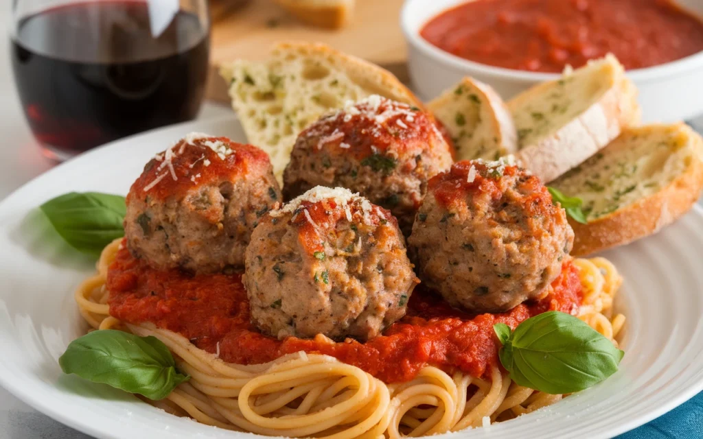 Spaghetti and meatballs made with Italian sausage, topped with fresh basil and Parmesan cheese
