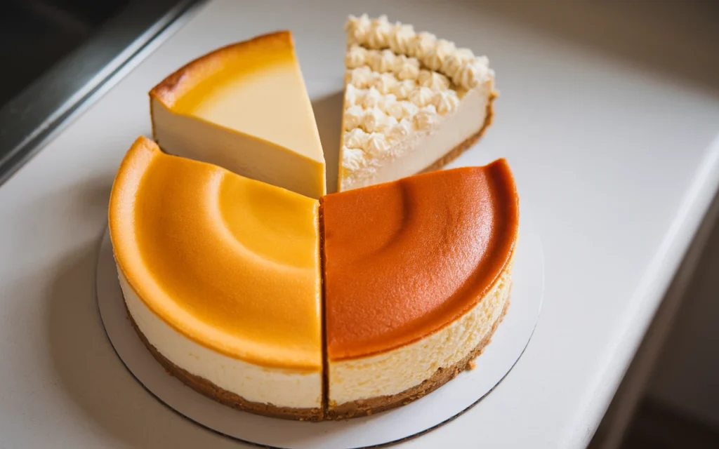 Three cheesecake slices on a white countertop, showcasing different types a classic baked cheesecake, a New York-style cheesecake and no-bake cheesecake
