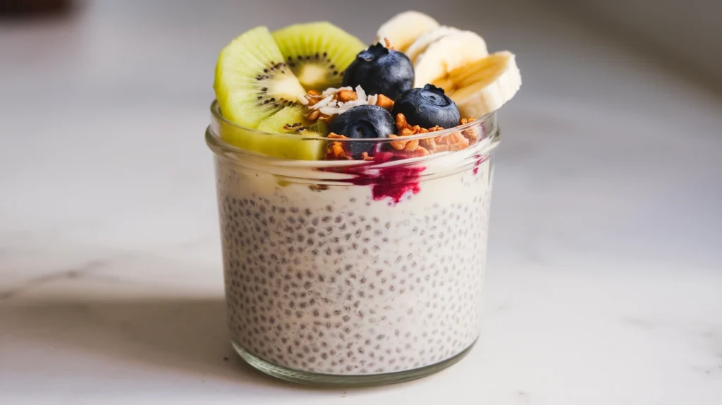 a vegan breakfast mason jar filled with overnight oats topped with banana slices, chia seeds, and granola on a white kitchen countertop