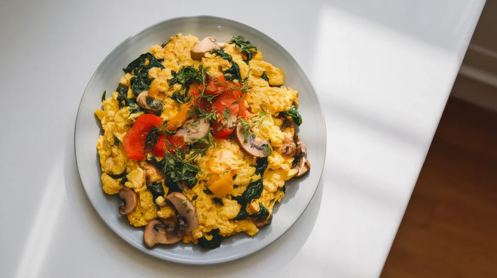 a plate of golden tofu scramble garnished with spinach, mushrooms, and bell peppers.