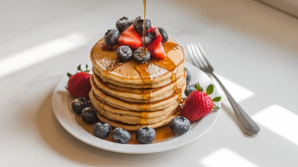 plate with vegan breakfast pancakes, fresh fruit, crispy hash browns, and avocado slices on a white kitchen countertop.