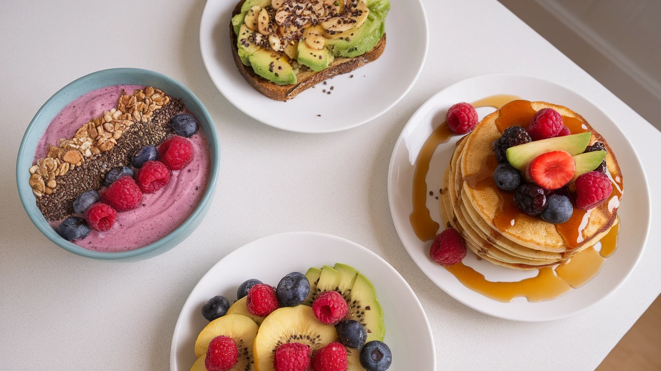 a variety of vibrant vegan breakfast options on a white kitchen countertop, including a smoothie bowl, avocado toast, and vegan pancakes with fresh fruit.