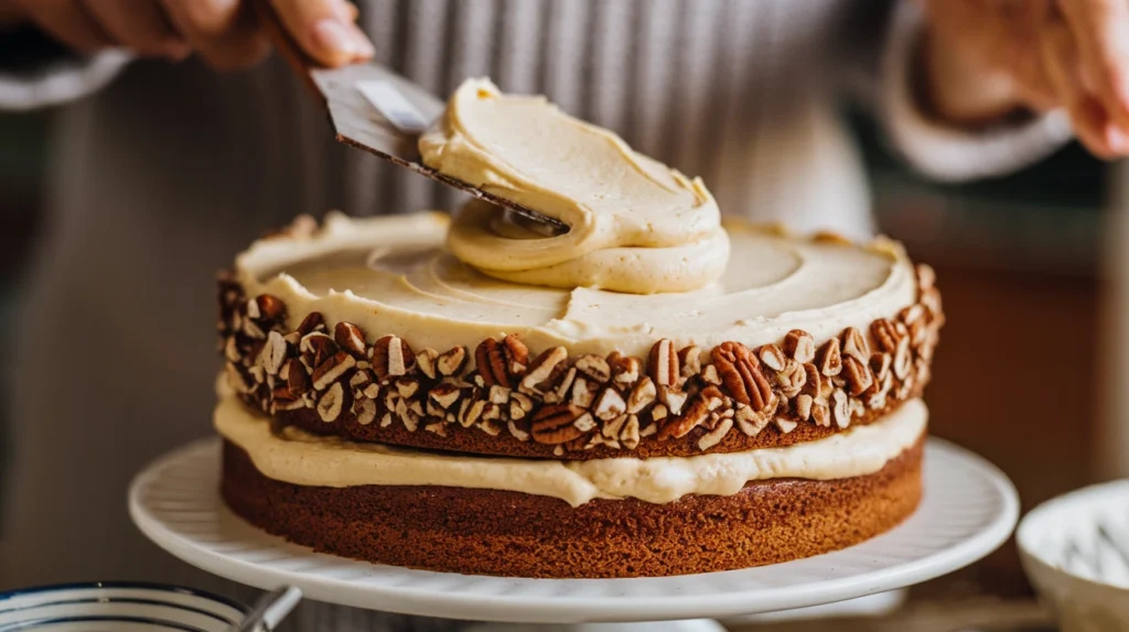 Valena spreading rich coconut-pecan frosting on top of a layer of cake with a cake spatula