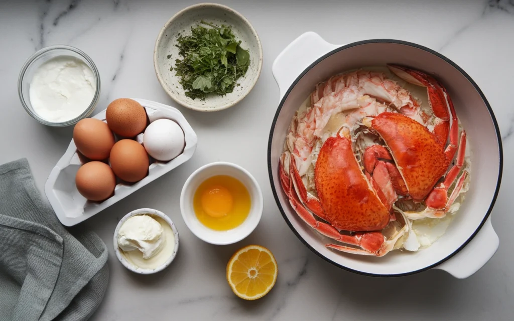 Fresh ingredients for crab brulee recipe: lump crab meat, eggs, cream, herbs, and seasonings arranged on white surface