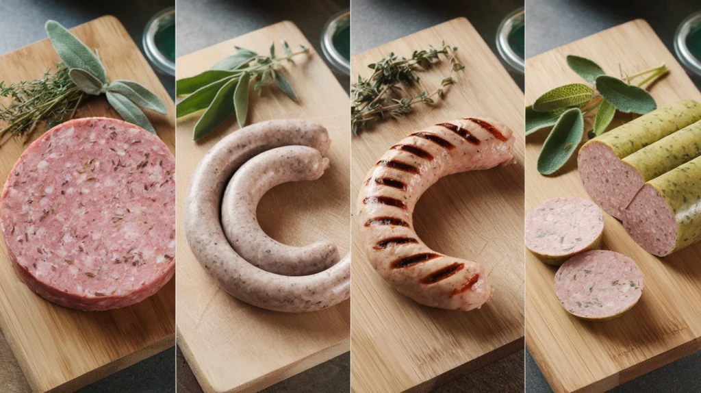 photo collage of four types of ground sausages placed on separate wooden cutting boards