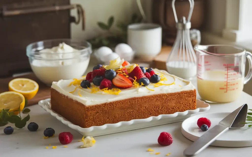 Completed kefir sheet cake with cream cheese frosting, fresh berries, and lemon zest on a white kitchen table.