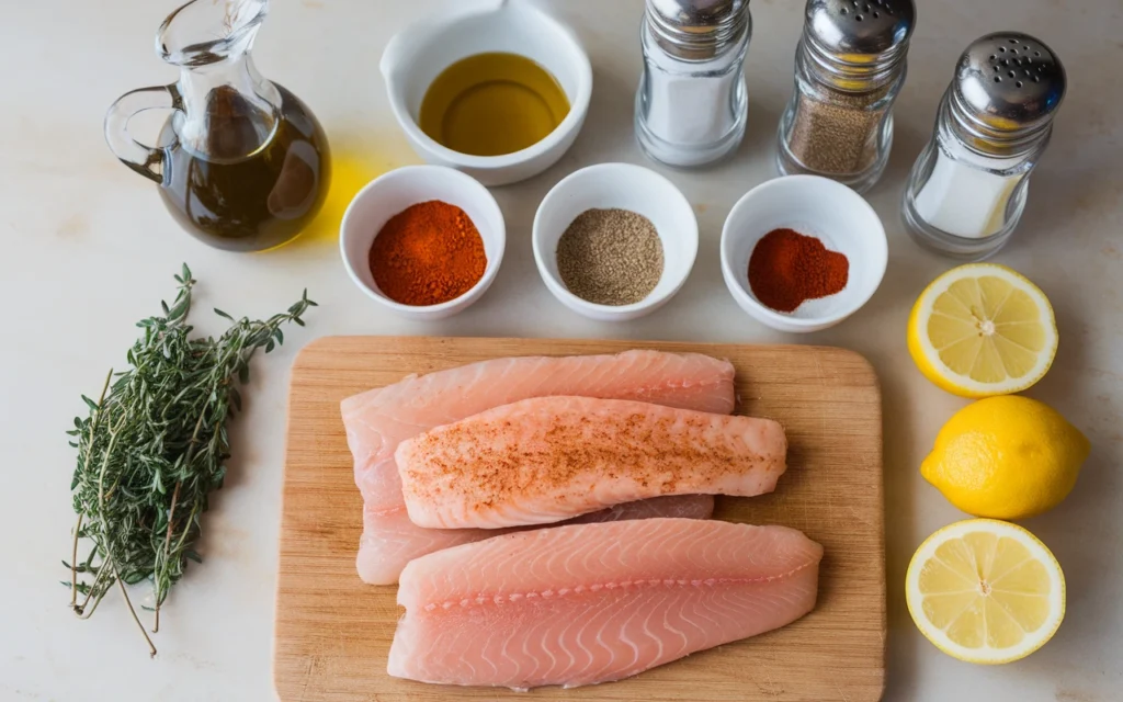 Ingredients for Quick & Healthy Blackened Tilapia recipe: tilapia fillets, olive oil, spices like paprika, garlic powder, onion powder, cayenne pepper, thyme, salt, pepper, and fresh lemon wedges.