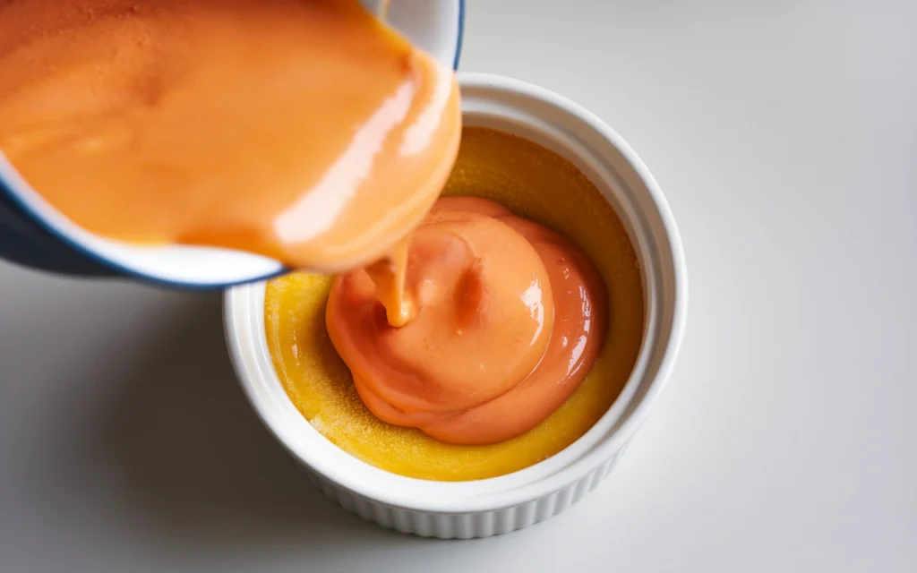 Smooth crab brulee custard mixture being poured into ramekin, showing perfect silky texture