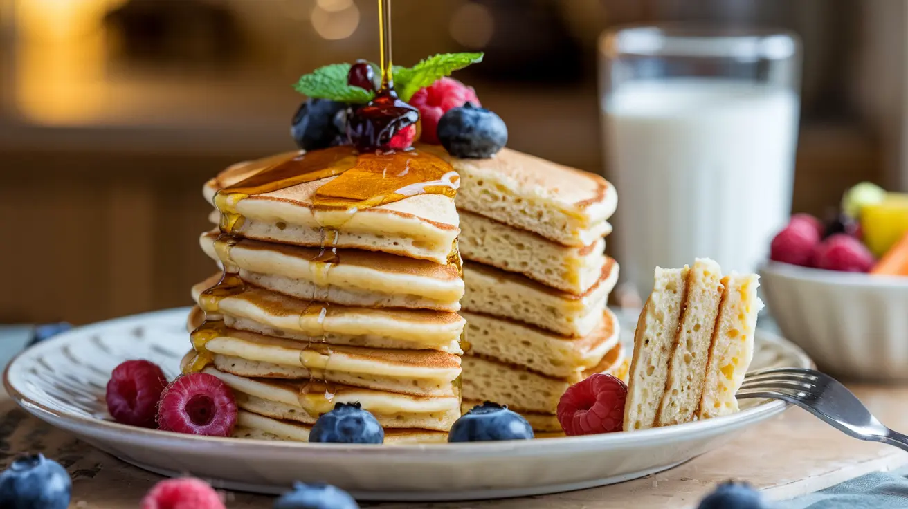 A stack of golden, fluffy gluten-free pancakes on a white plate, drizzled with maple syrup, garnished with fresh blueberries, raspberries, and a mint sprig, with a blurred cozy kitchen background.