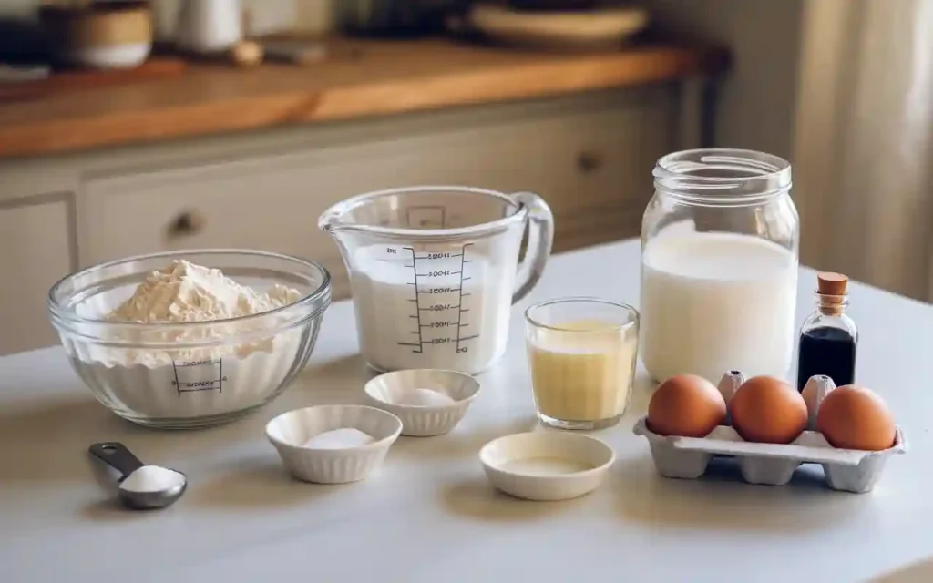 Ingredients for kefir sheet cake: flour, sugar, baking soda, salt, kefir, melted butter, eggs, and vanilla extract on a kitchen counter.