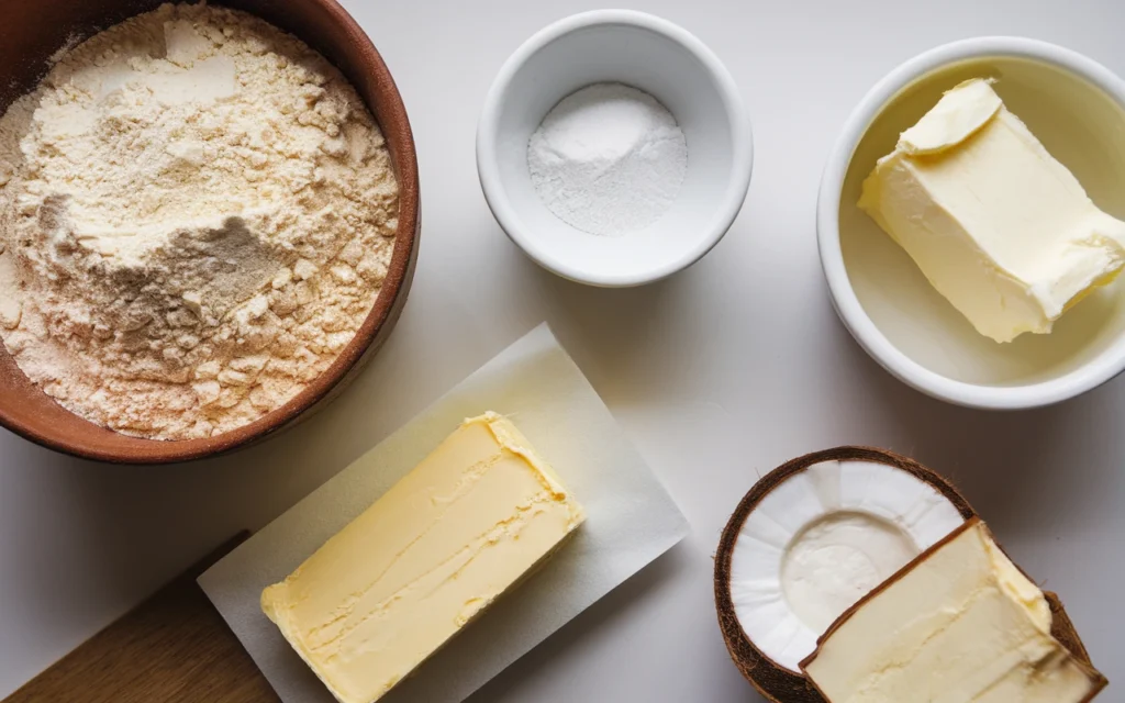 Essential keto baking ingredients including alternative flours, natural sweeteners, and healthy fats