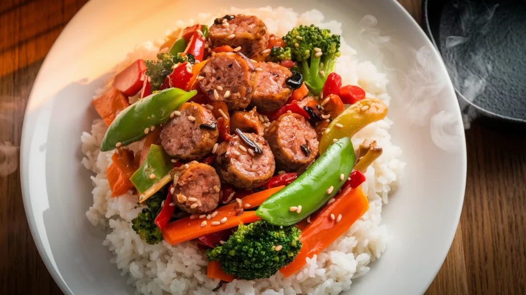 a plate of ground sausage stir-fry, showcasing vibrant vegetables like bell peppers, broccoli, carrots, and snap peas
