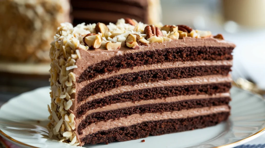 a slice of German Chocolate Cake on a white plate