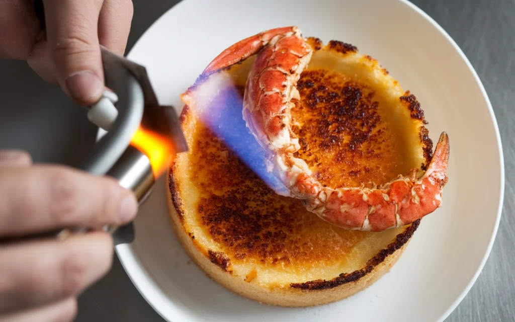 Caramelizing sugar top on crab brulee with kitchen torch, showing golden brown crystallization technique
