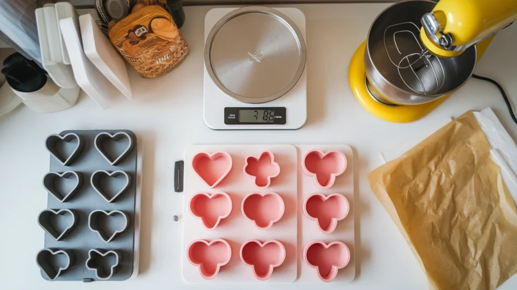 Keto baking tools arranged on white counter: digital scale, silicon molds, mixer, and parchment paper.