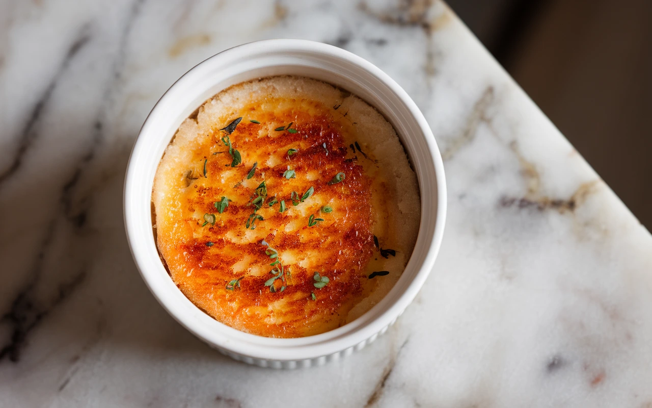 Homemade crab brulee with golden caramelized top, fresh herbs garnish, gourmet seafood appetizer recipe