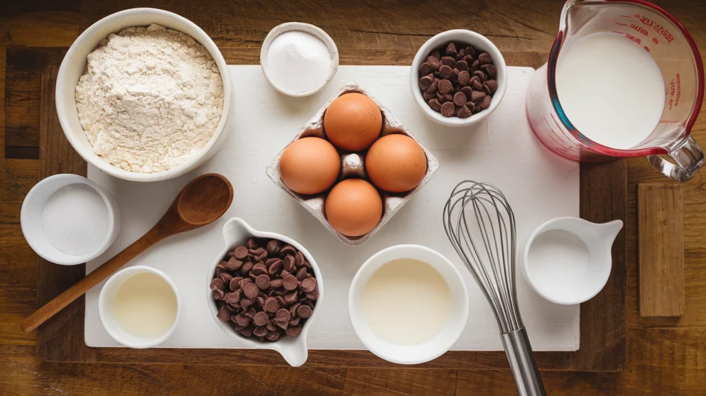 Ingredients for chocolate chip pancakes, including flour, sugar, eggs, milk, and chocolate chips, arranged on a kitchen counter.