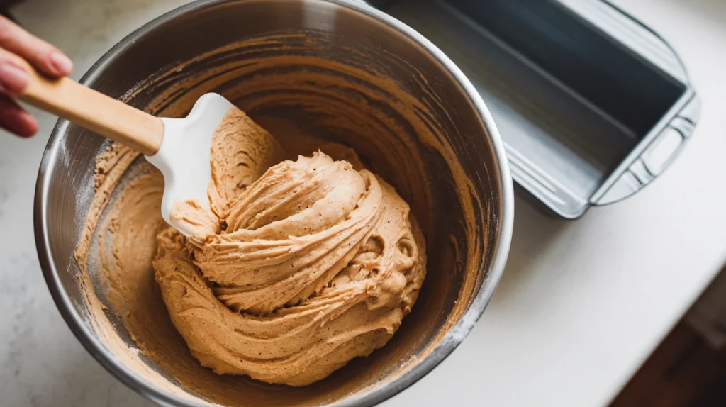 Banana bread batter being folded in a bowl with a spatula, showing just-combined consistency.