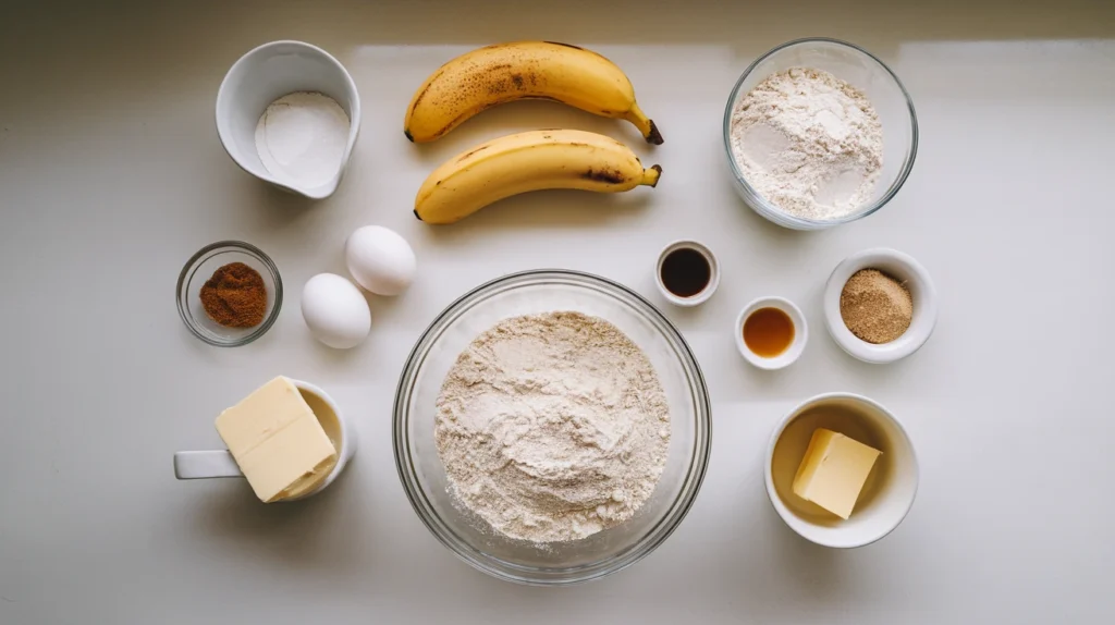 Ingredients for banana bread laid out on a white kitchen counter, including ripe bananas, flour, and eggs.