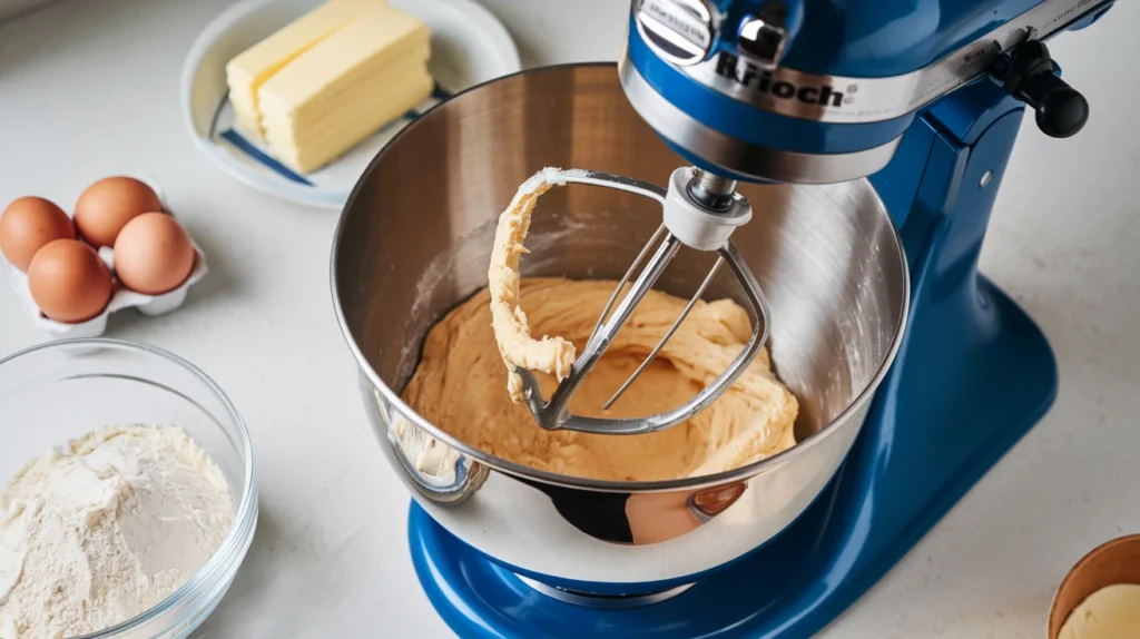 A stand mixer with dough being kneaded in a silver bowl, surrounded by ingredients like eggs, butter, and flour on a white kitchen counter.