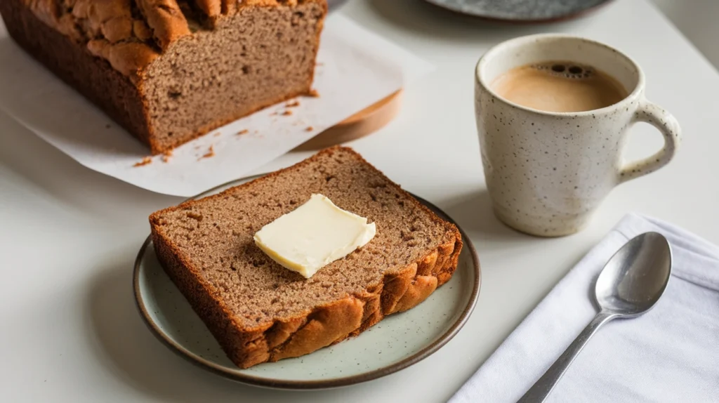 Slice of banana bread with butter on a plate, paired with a cup of coffee on a white kitchen counter.