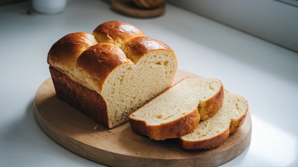 A golden-brown brioche loaf resting on a wooden board, sliced to reveal its tender and buttery interior