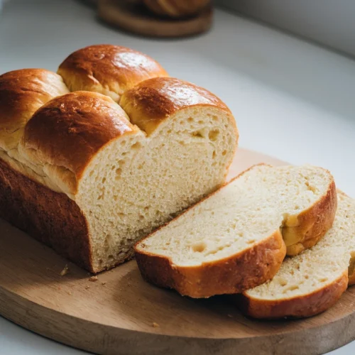 A golden-brown brioche loaf resting on a wooden board, sliced to reveal its tender and buttery interior