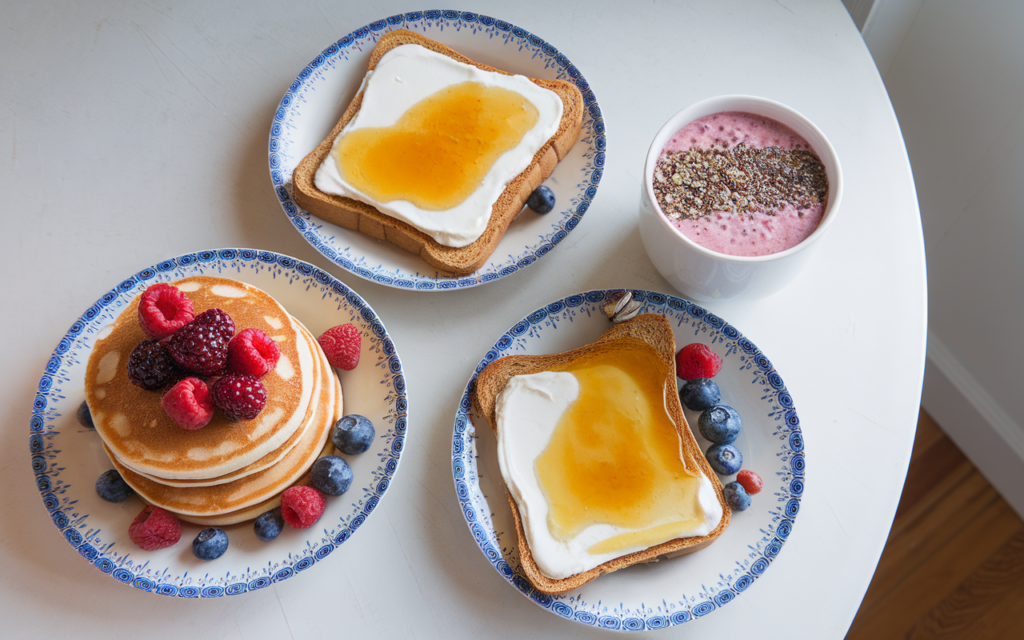 Three breakfast ideas featuring cottage cheese: fluffy pancakes topped with berries, a slice of toast with honey and cottage cheese, and a smoothie bowl with granola and chia seeds, displayed on a white table.
